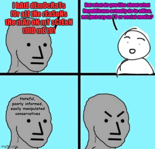 Some people don't really like anything because they don't even like themselves. | i hAtE dEmOcRaTs
fOr aLl tHe rEaSoNs
tHe mAn oN mY sCrEeN
tOlD mE tO! But what do you like about what
Republicans actually do in office,
not just say on TV or social media? Hateful, poorly informed, easily manipulated conservatives | image tagged in angry npc wojak,conservative logic,reality check,love yourself,dislike,hate | made w/ Imgflip meme maker