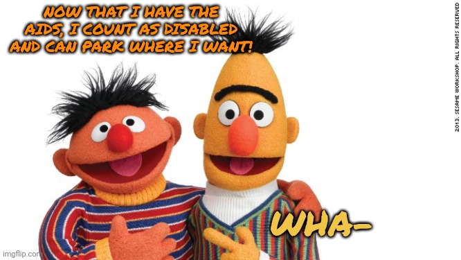 bert and ernie | NOW THAT I HAVE THE AIDS, I COUNT AS DISABLED AND CAN PARK WHERE I WANT! WHA- | image tagged in bert and ernie | made w/ Imgflip meme maker