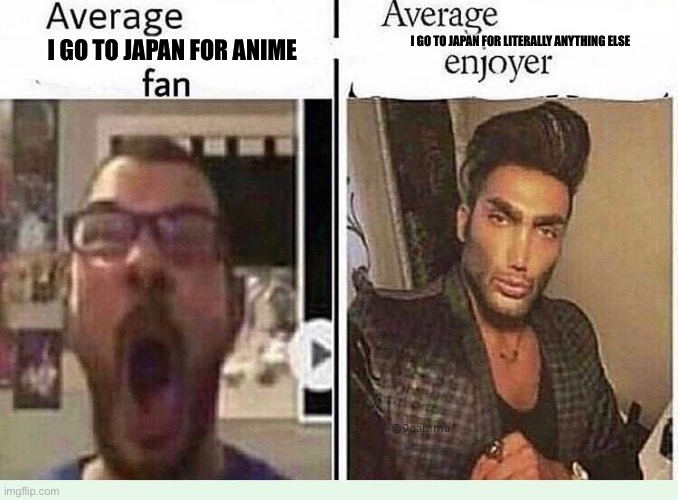 Average *BLANK* Fan VS Average *BLANK* Enjoyer | I GO TO JAPAN FOR ANIME; I GO TO JAPAN FOR LITERALLY ANYTHING ELSE | image tagged in average blank fan vs average blank enjoyer | made w/ Imgflip meme maker