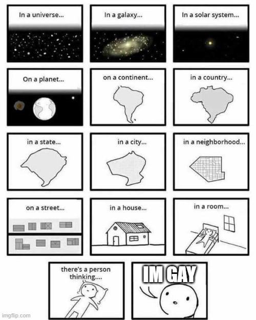 its true | IM GAY | image tagged in in a universe in a galaxy person thinking | made w/ Imgflip meme maker