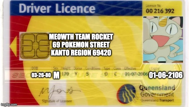 Meowth's drivers license | MEOWTH TEAM ROCKET
69 POKEMON STREET
KANTO REGION 69420; 03-26-80; 01-06-2106; M | image tagged in meowth,drivers,license,thank you,queensland,government | made w/ Imgflip meme maker