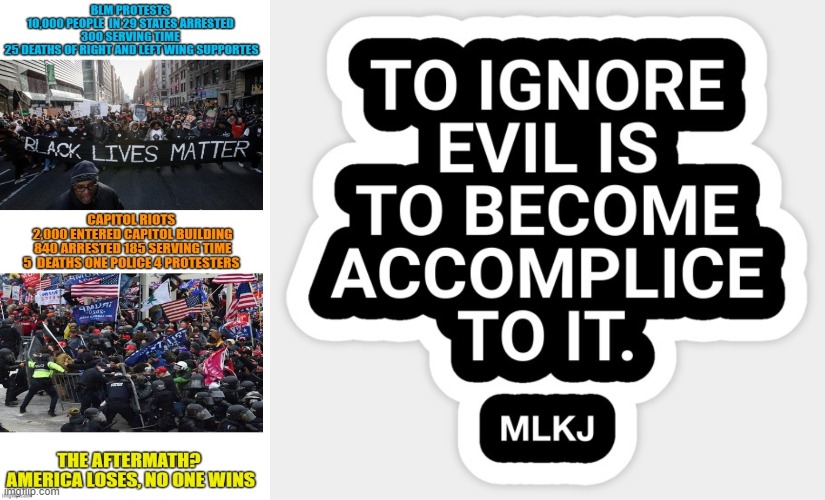 2 be fair BLM protestors and rioters r 2 very diff things Also BLM protests were in DEFENSE-JAN6 not... | image tagged in evil,flourishes,when,a few good men,do,nothing | made w/ Imgflip meme maker