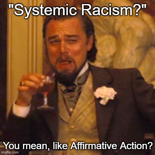 I mean the OTHER kind I can't name a specific example of! | "Systemic Racism?"; You mean, like Affirmative Action? | image tagged in memes,laughing leo | made w/ Imgflip meme maker