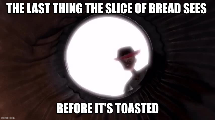 bye, woody | THE LAST THING THE SLICE OF BREAD SEES; BEFORE IT'S TOASTED | image tagged in bye woody | made w/ Imgflip meme maker