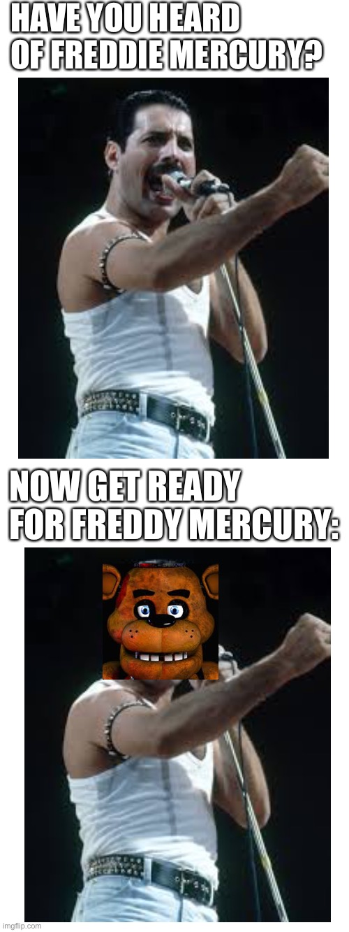 Nah I don’t see a difference | HAVE YOU HEARD OF FREDDIE MERCURY? NOW GET READY FOR FREDDY MERCURY: | image tagged in five nights at freddys,freddie mercury,memes,funny | made w/ Imgflip meme maker