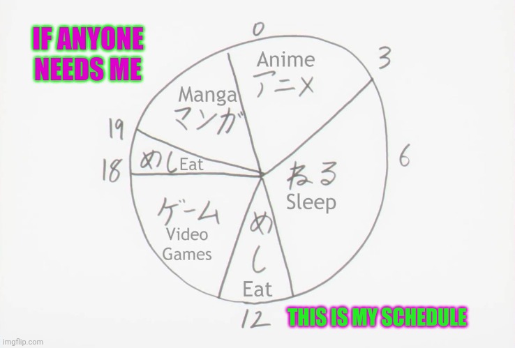 Anime Schedule | IF ANYONE NEEDS ME; THIS IS MY SCHEDULE | image tagged in anime schedule | made w/ Imgflip meme maker