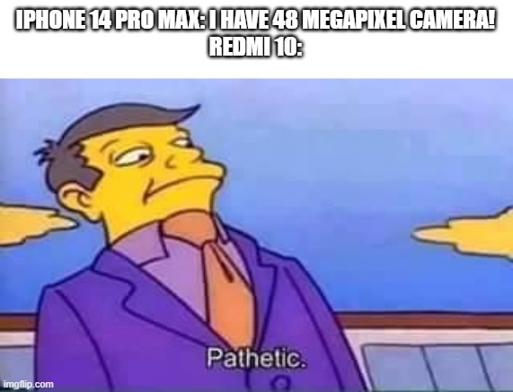 skinner pathetic | IPHONE 14 PRO MAX: I HAVE 48 MEGAPIXEL CAMERA!
REDMI 10: | image tagged in skinner pathetic | made w/ Imgflip meme maker