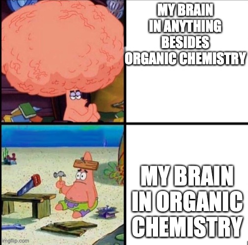 organic chemistry is really the killer chemistry course for all chem major students... | MY BRAIN IN ANYTHING BESIDES ORGANIC CHEMISTRY; MY BRAIN IN ORGANIC CHEMISTRY | image tagged in patrick big brain,college,chemistry,organic chemistry,sad but true | made w/ Imgflip meme maker