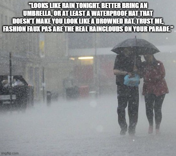 Raining | "LOOKS LIKE RAIN TONIGHT. BETTER BRING AN UMBRELLA, OR AT LEAST A WATERPROOF HAT THAT DOESN'T MAKE YOU LOOK LIKE A DROWNED RAT. TRUST ME, FASHION FAUX PAS ARE THE REAL RAINCLOUDS ON YOUR PARADE." | image tagged in raining | made w/ Imgflip meme maker