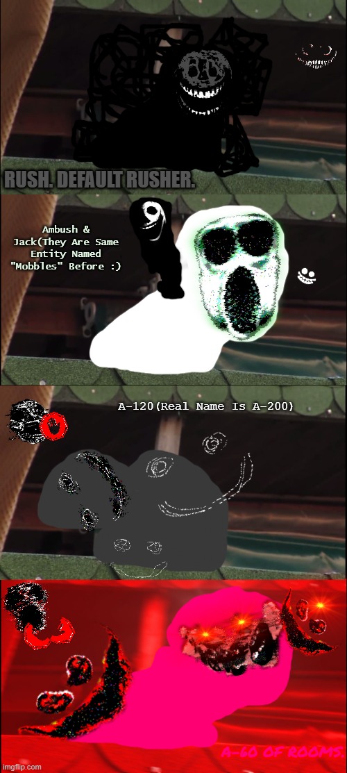 Rushers Of DOORS.(Remade) | RUSH. DEFAULT RUSHER. Ambush & Jack(They Are Same Entity Named "Mobbles" Before :); A-120(Real Name Is A-200); A-60 OF ROOMS. | image tagged in memes,inhaling seagull | made w/ Imgflip meme maker