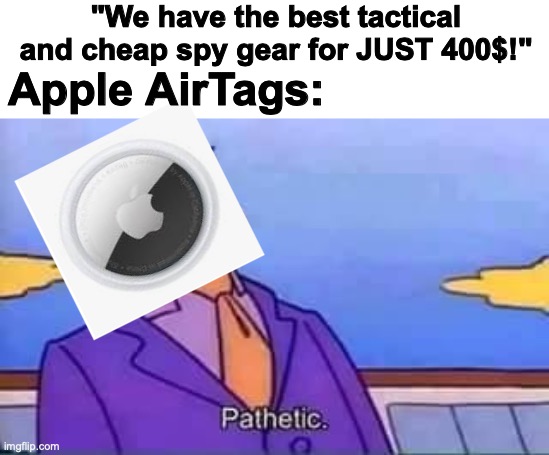 Oh, ho ho ima buy one of those heh heh | "We have the best tactical and cheap spy gear for JUST 400$!"; Apple AirTags: | image tagged in skinner pathetic,airtag,apple,spyware | made w/ Imgflip meme maker