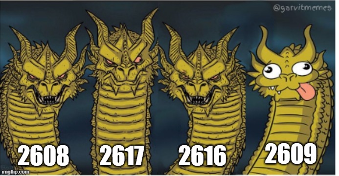 four headed dragon | 2608       2617        2616; 2609 | image tagged in four headed dragon | made w/ Imgflip meme maker