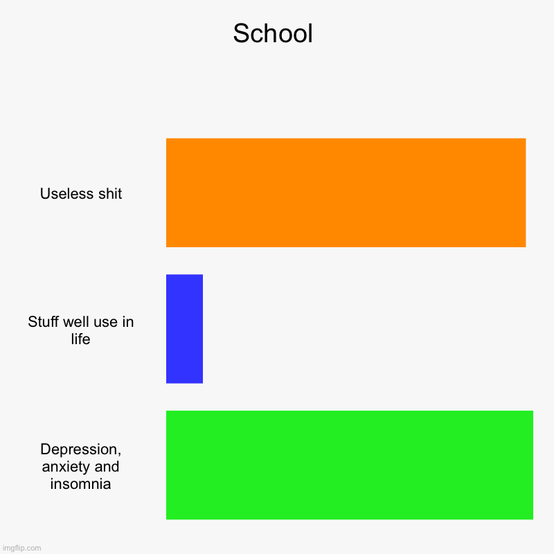 School | Useless shit, Stuff well use in life, Depression, anxiety and insomnia | image tagged in charts,bar charts,pie charts,donut charts,so true memes,school | made w/ Imgflip chart maker
