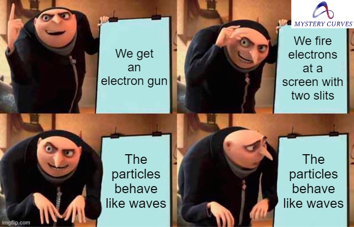 Double-slit experiment | We get an electron gun; We fire electrons at a screen with two slits; The particles behave like waves; The particles behave like waves | image tagged in memes,gru's plan,science,physics,quantum physics | made w/ Imgflip meme maker
