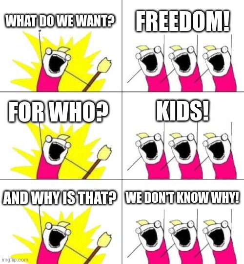 This happened once to you? | WHAT DO WE WANT? FREEDOM! KIDS! FOR WHO? AND WHY IS THAT? WE DON'T KNOW WHY! | image tagged in memes,what do we want 3 | made w/ Imgflip meme maker