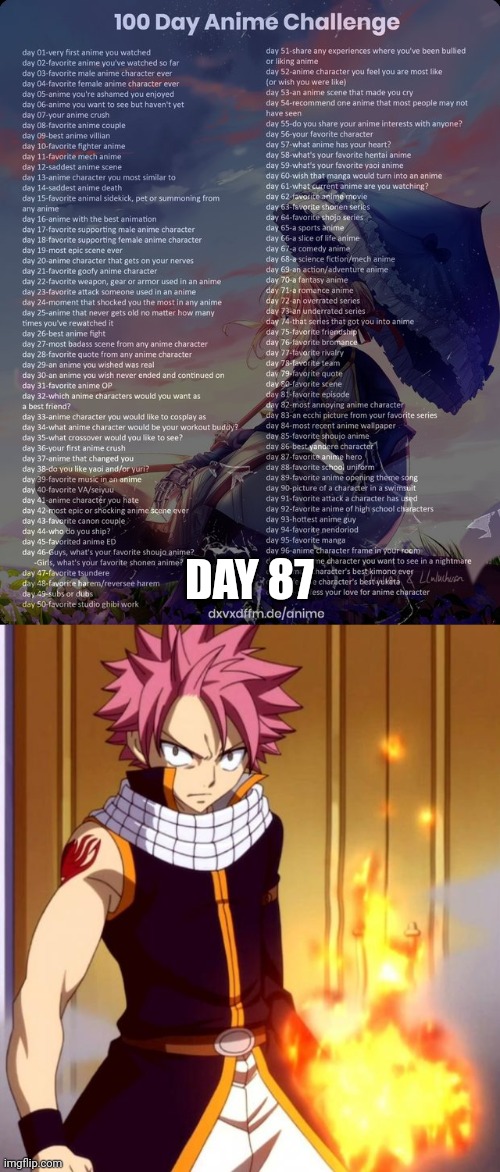 Fire = Food | DAY 87 | image tagged in 100 day anime challenge,natsu fairytail | made w/ Imgflip meme maker