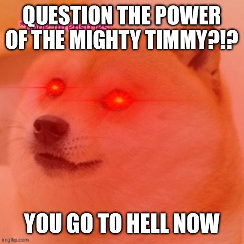 Doge | QUESTION THE POWER OF THE MIGHTY TIMMY?!? YOU GO TO HELL NOW | image tagged in doge intensifies | made w/ Imgflip meme maker