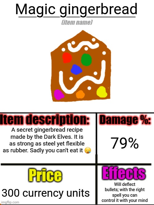 Item-shop extended |  Magic gingerbread; 79%; A secret gingerbread recipe made by the Dark Elves. It is as strong as steel yet flexible as rubber. Sadly you can't eat it 😪; 300 currency units; Will deflect bullets; with the right spell you can control it with your mind | image tagged in item-shop extended | made w/ Imgflip meme maker