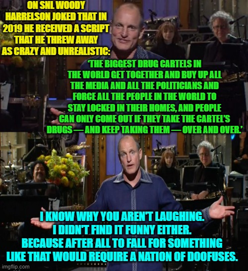 Woody Harrelson didn't actually say that last part, because the audience wasn't . . . amused. | ON SNL WOODY HARRELSON JOKED THAT IN 2019 HE RECEIVED A SCRIPT THAT HE THREW AWAY AS CRAZY AND UNREALISTIC:; ‘THE BIGGEST DRUG CARTELS IN THE WORLD GET TOGETHER AND BUY UP ALL THE MEDIA AND ALL THE POLITICIANS AND FORCE ALL THE PEOPLE IN THE WORLD TO STAY LOCKED IN THEIR HOMES, AND PEOPLE CAN ONLY COME OUT IF THEY TAKE THE CARTEL’S DRUGS — AND KEEP TAKING THEM — OVER AND OVER.’; I KNOW WHY YOU AREN'T LAUGHING.  I DIDN'T FIND IT FUNNY EITHER.  BECAUSE AFTER ALL TO FALL FOR SOMETHING LIKE THAT WOULD REQUIRE A NATION OF DOOFUSES. | image tagged in truth | made w/ Imgflip meme maker