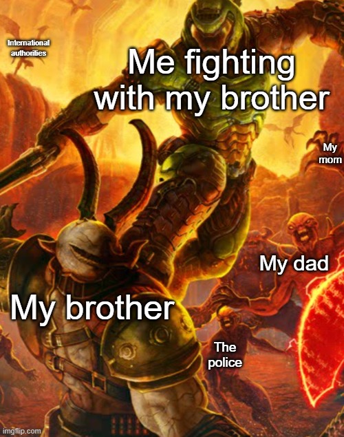 Doom meme template | International authorities; Me fighting with my brother; My mom; My dad; My brother; The police | image tagged in doom meme template | made w/ Imgflip meme maker
