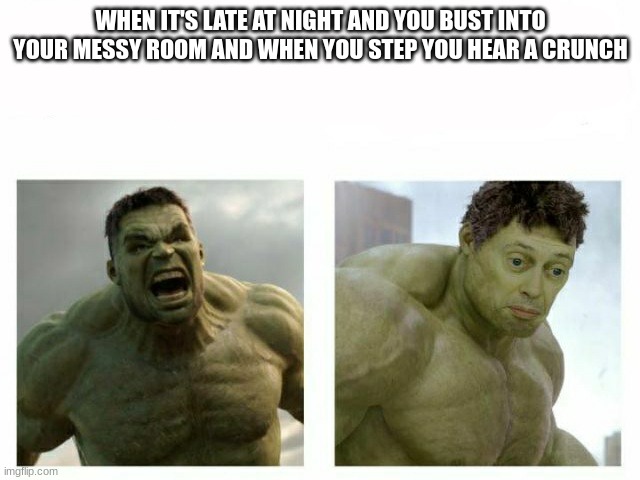 Angry Hulk | WHEN IT'S LATE AT NIGHT AND YOU BUST INTO YOUR MESSY ROOM AND WHEN YOU STEP YOU HEAR A CRUNCH | image tagged in angry hulk | made w/ Imgflip meme maker