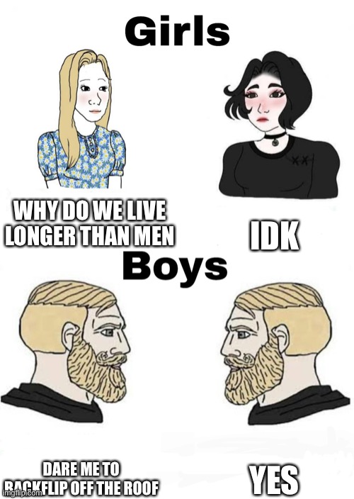 Girls vs Boys | WHY DO WE LIVE LONGER THAN MEN; IDK; YES; DARE ME TO BACKFLIP OFF THE ROOF | image tagged in girls vs boys | made w/ Imgflip meme maker