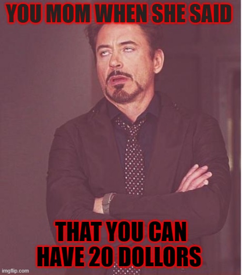 Face You Make Robert Downey Jr Meme | YOU MOM WHEN SHE SAID; THAT YOU CAN HAVE 20 DOLLORS | image tagged in memes,face you make robert downey jr | made w/ Imgflip meme maker