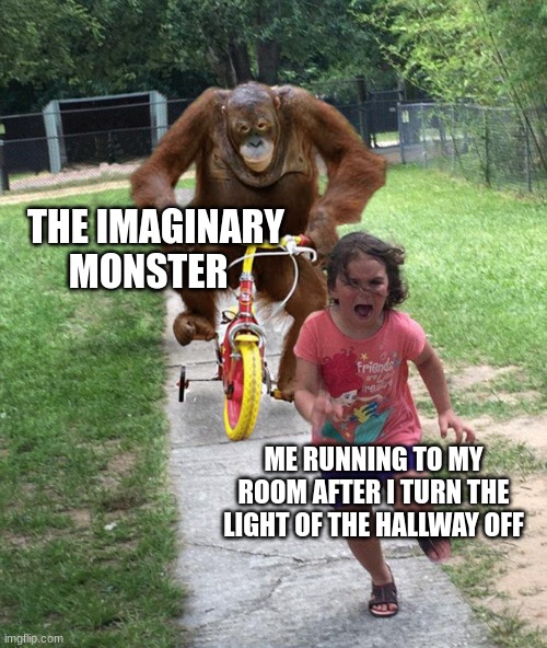 Running to my room | THE IMAGINARY MONSTER; ME RUNNING TO MY ROOM AFTER I TURN THE LIGHT OF THE HALLWAY OFF | image tagged in orangutan chasing girl on a tricycle,monster,relatable | made w/ Imgflip meme maker
