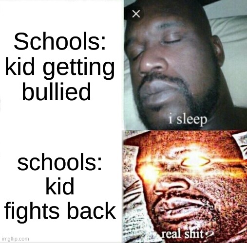 Sleeping Shaq Meme | Schools:
kid getting bullied; schools:
kid fights back | image tagged in memes,sleeping shaq | made w/ Imgflip meme maker