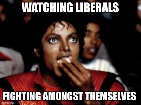 michael jackson eating popcorn | WATCHING LIBERALS FIGHTING AMONGST THEMSELVES | image tagged in michael jackson eating popcorn | made w/ Imgflip meme maker