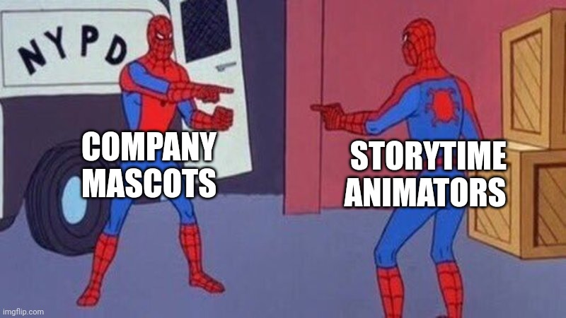 You can tell that Bibendum and James are Similar | COMPANY MASCOTS; STORYTIME ANIMATORS | image tagged in spiderman pointing at spiderman,storytime animators,mascots,company | made w/ Imgflip meme maker
