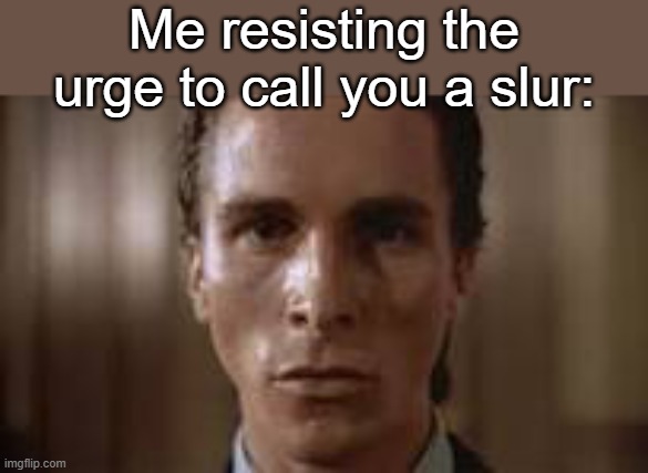 Patrick Bateman staring | Me resisting the urge to call you a slur: | image tagged in patrick bateman staring | made w/ Imgflip meme maker