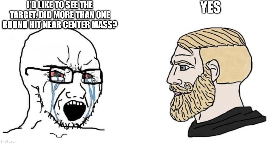 crying wojak vs chad | I'D LIKE TO SEE THE TARGET. DID MORE THAN ONE ROUND HIT NEAR CENTER MASS? YES | image tagged in crying wojak vs chad | made w/ Imgflip meme maker