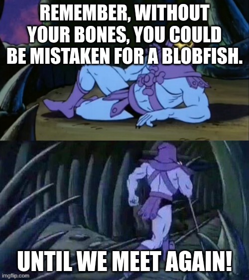 No skeleton? | REMEMBER, WITHOUT YOUR BONES, YOU COULD BE MISTAKEN FOR A BLOBFISH. UNTIL WE MEET AGAIN! | image tagged in skeletor disturbing facts | made w/ Imgflip meme maker