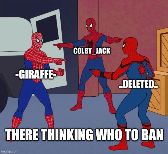Spider Man Triple | COLBY_JACK; -GIRAFFE-; ..DELETED.. THERE THINKING WHO TO BAN | image tagged in spider man triple | made w/ Imgflip meme maker