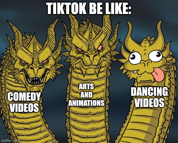 Why do we hate TikTok? (Yes, I have a TikTok account) | TIKTOK BE LIKE:; ARTS AND ANIMATIONS; DANCING VIDEOS; COMEDY VIDEOS | image tagged in three-headed dragon,tiktok,tiktok sucks | made w/ Imgflip meme maker