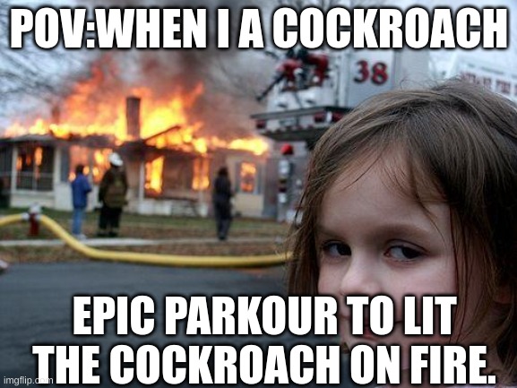 Disaster Girl | POV:WHEN I A COCKROACH; EPIC PARKOUR TO LIT THE COCKROACH ON FIRE. | image tagged in memes,disaster girl | made w/ Imgflip meme maker