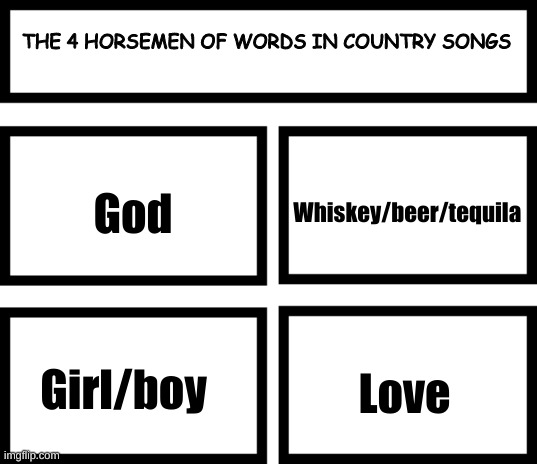 I'm an atheist so I don't like saying God. | THE 4 HORSEMEN OF WORDS IN COUNTRY SONGS; Whiskey/beer/tequila; God; Love; Girl/boy | image tagged in 4 horsemen of | made w/ Imgflip meme maker