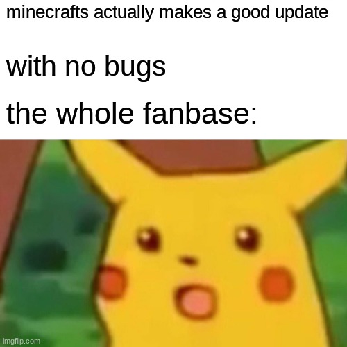Surprised Pikachu | minecrafts actually makes a good update; with no bugs; the whole fanbase: | image tagged in memes,surprised pikachu | made w/ Imgflip meme maker