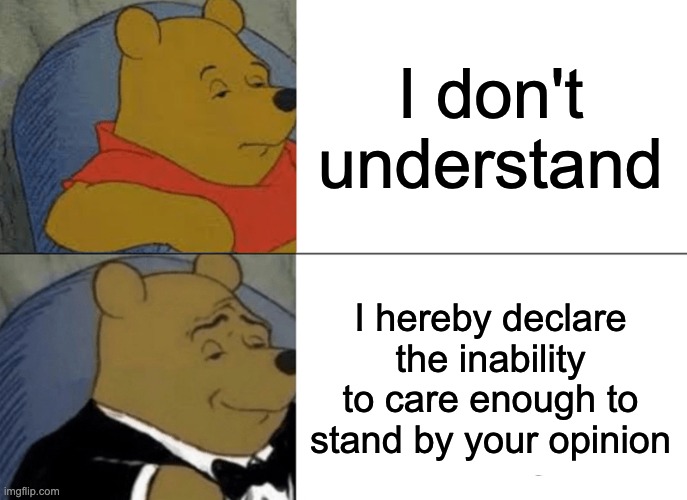 Tuxedo Winnie The Pooh | I don't understand; I hereby declare the inability to care enough to stand by your opinion | image tagged in memes,tuxedo winnie the pooh | made w/ Imgflip meme maker