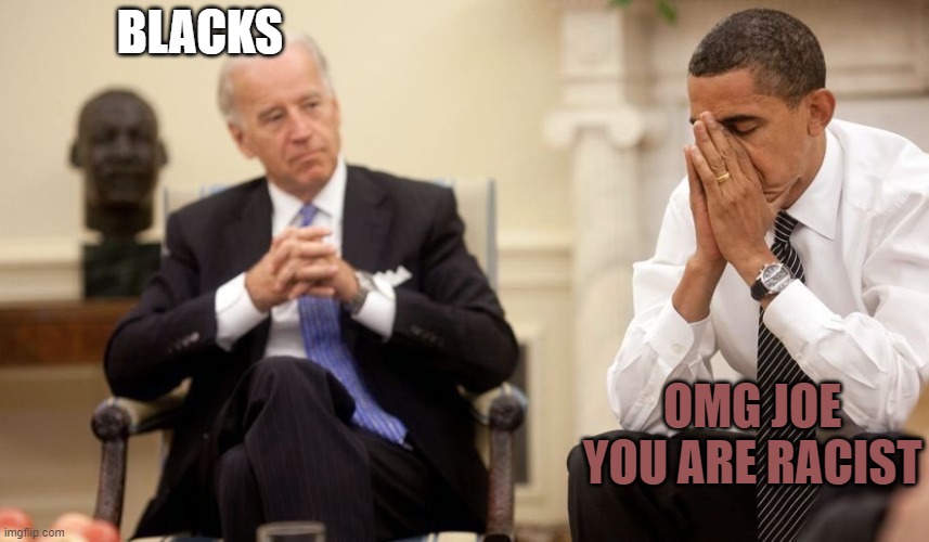 Biden Obama | BLACKS OMG JOE YOU ARE RACIST | image tagged in biden obama | made w/ Imgflip meme maker