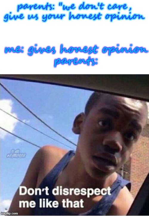 really my titles need to level up | parents: "we don't care, give us your honest opinion; me: gives honest opinion
parents: | image tagged in don't disrespect me like that,memes,gifs,reaction gif,pie charts,demotivationals | made w/ Imgflip meme maker