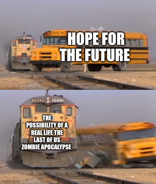 Why is 2023 sulo bad?!?!?!? | HOPE FOR THE FUTURE; THE POSSIBILITY OF A REAL LIFE THE LAST OF US ZOMBIE APOCALYPSE | image tagged in a train hitting a school bus | made w/ Imgflip meme maker