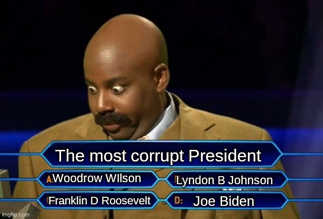 Who wants to be a millionaire? | The most corrupt President; Woodrow WIlson; Lyndon B Johnson; Joe Biden; Franklin D Roosevelt | image tagged in who wants to be a millionaire | made w/ Imgflip meme maker