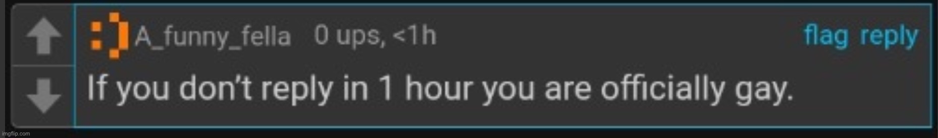 If you don’t reply to this comment in 1 hour you are gay | image tagged in if you don t reply to this comment in 1 hour you are gay | made w/ Imgflip meme maker