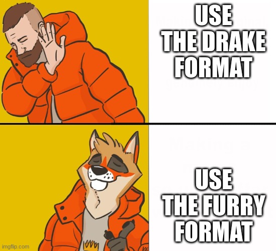 Furry Drake | USE THE DRAKE FORMAT; USE THE FURRY FORMAT | image tagged in furry drake | made w/ Imgflip meme maker