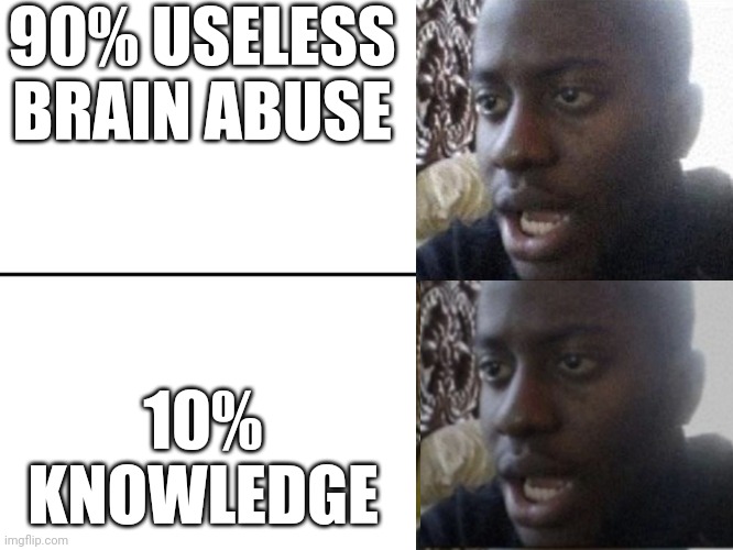 Reversed Disappointed Black Man | 90% USELESS BRAIN ABUSE 10% KNOWLEDGE | image tagged in reversed disappointed black man | made w/ Imgflip meme maker