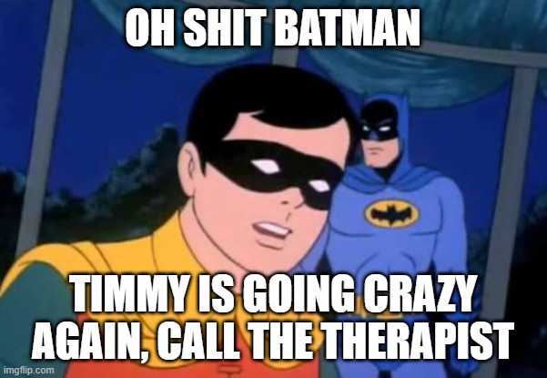 Holy _______, Batman! | OH SHIT BATMAN TIMMY IS GOING CRAZY AGAIN, CALL THE THERAPIST | image tagged in holy _______ batman | made w/ Imgflip meme maker