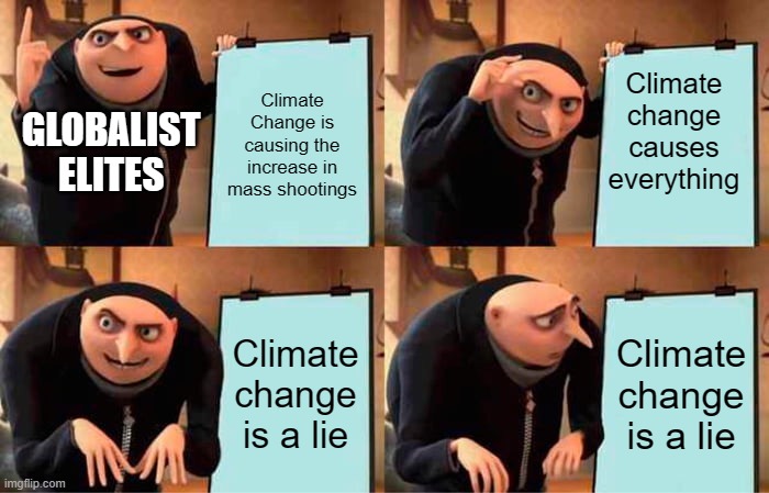 On news stands today! Climate change causes everything!!!!!! No really, even mass shootings. | Climate change causes everything; Climate Change is causing the increase in mass shootings; GLOBALIST ELITES; Climate change is a lie; Climate change is a lie | image tagged in memes,gru's plan | made w/ Imgflip meme maker