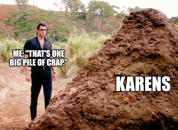 When I see a bunch of Karens I just see a pile of crap | ME: "THAT'S ONE BIG PILE OF CRAP."; KARENS | image tagged in memes poop jurassic park,karen | made w/ Imgflip meme maker